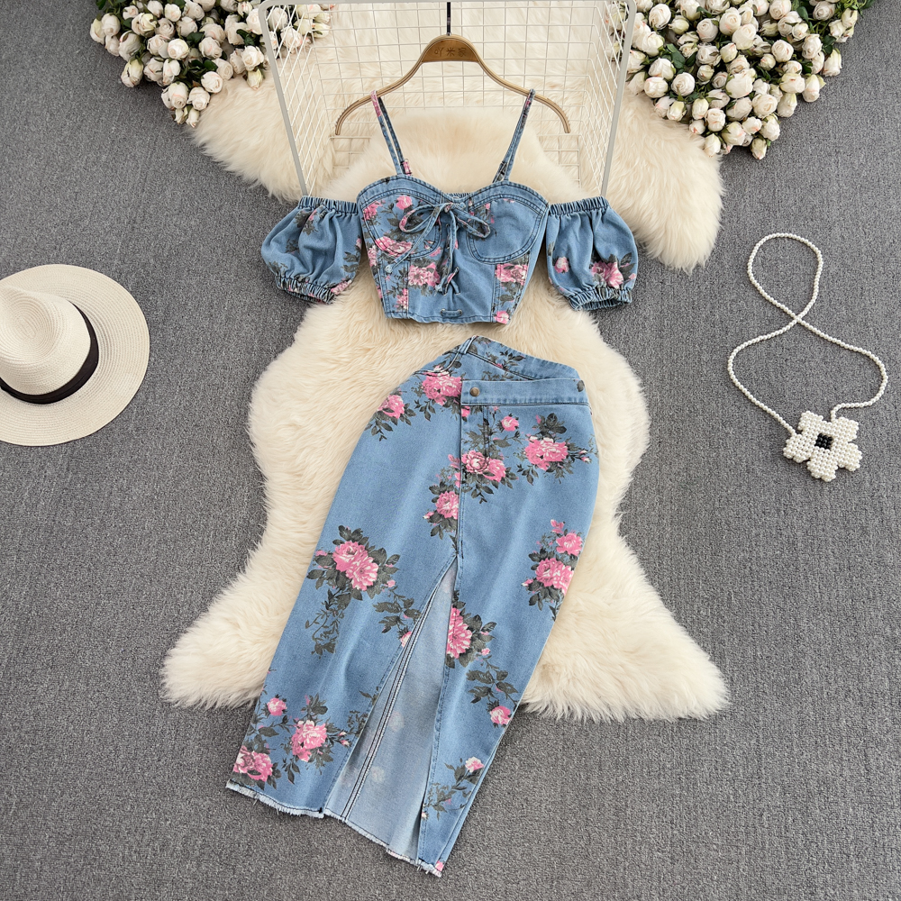 Romper Floral Print - Fashion Floral Print Denim Skirt Set
