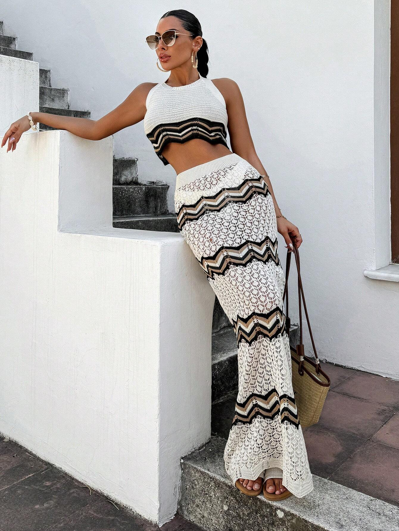 Crop Top Crochet - Women Striped Hollow Crochet 2 Piece