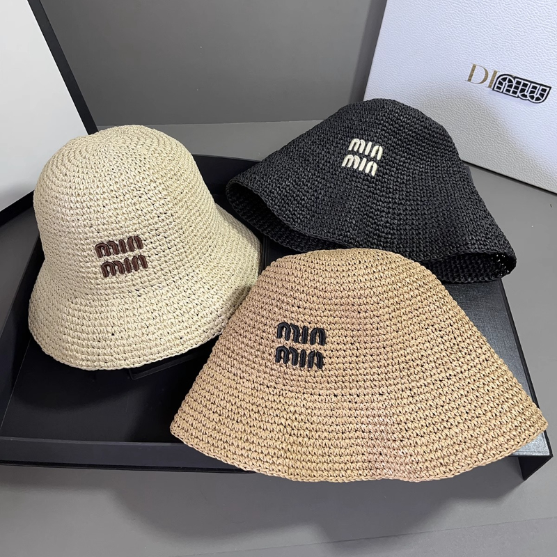 Hat Floppy Wide - Letter Embroidery Straw Dome Bucket Hats