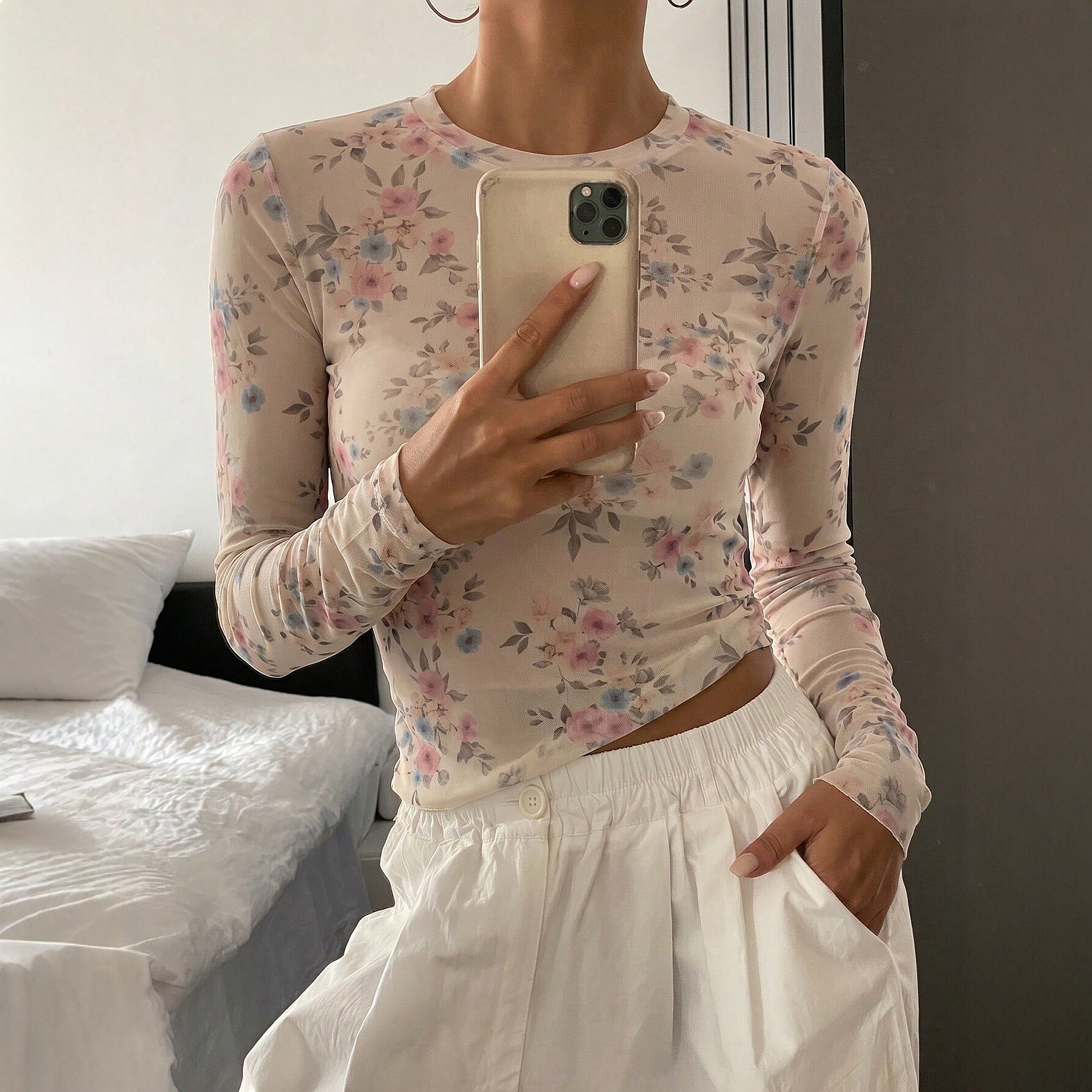 Crop Top Crochet - Fashion Round Neck Printed Sheer Long