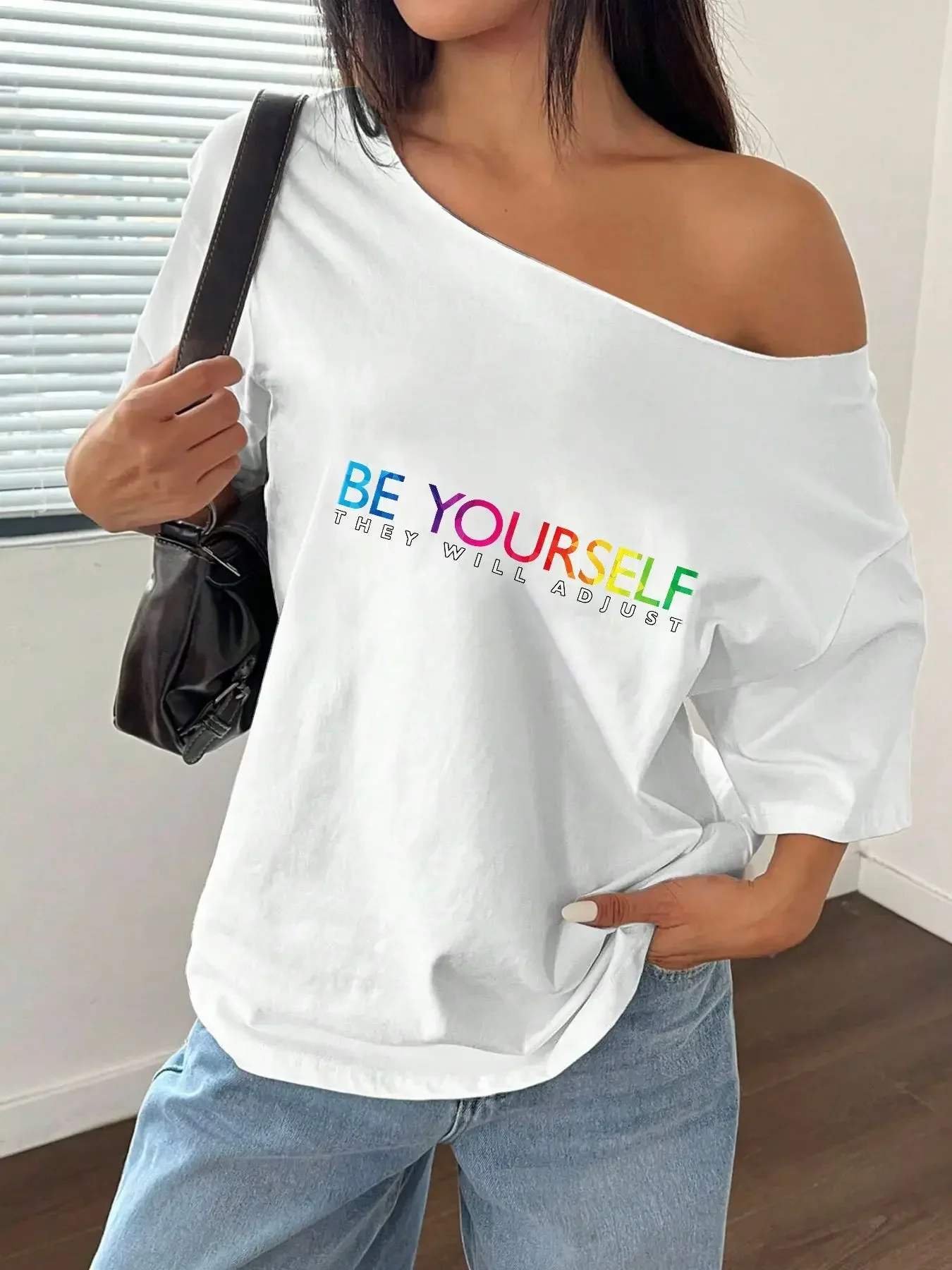 Blouse Off Shoulder - 100% Cotton Plus Size Colorful Letter