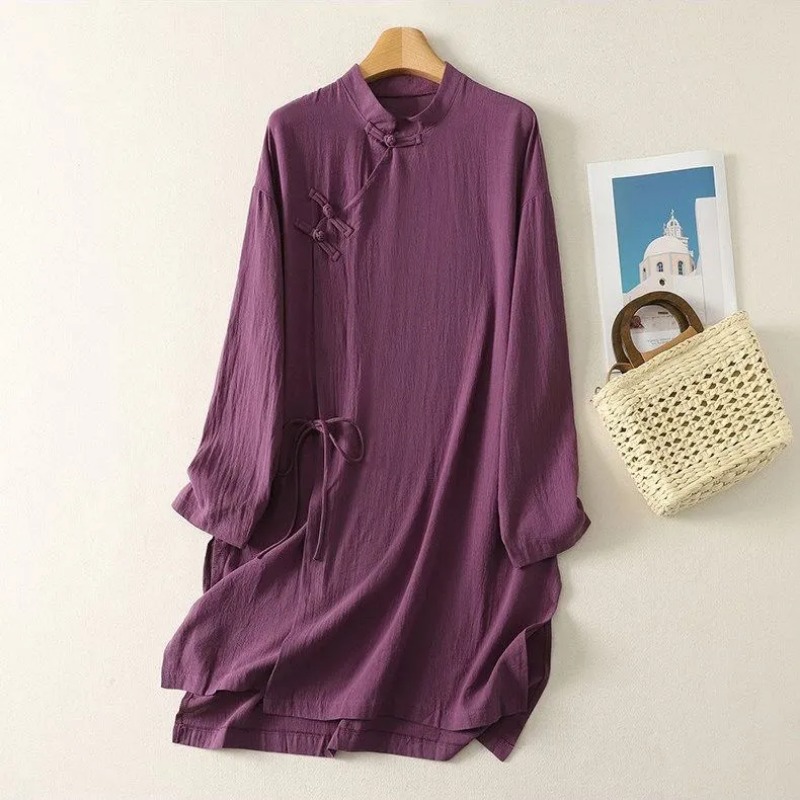 Linen Dress Wrap - Women's Chinese Style Frog Button Linen