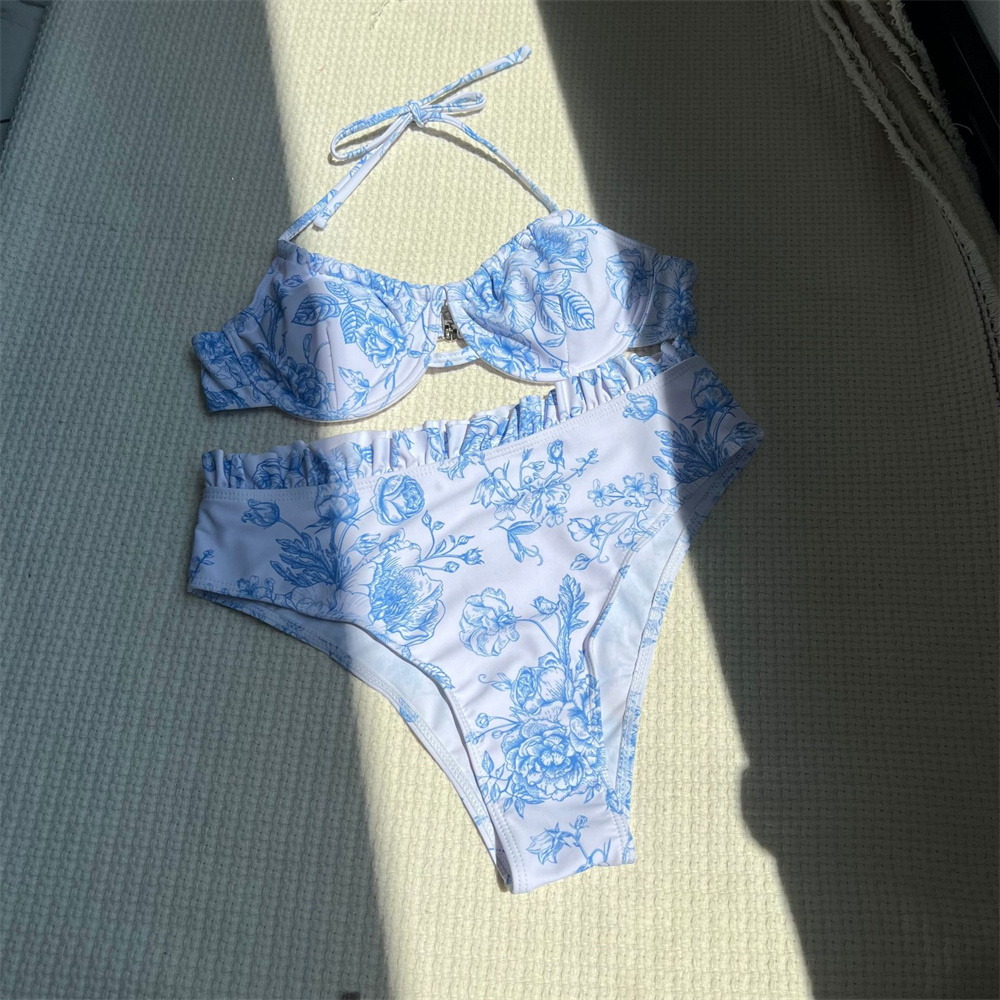 Swimsuit Bikini Ruched - Elegant Floral Bikini Cute Ruched High