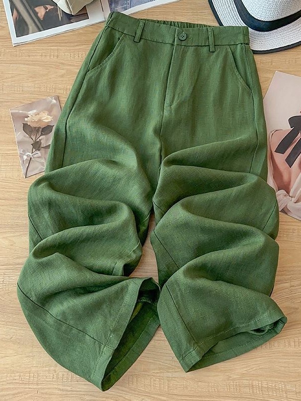 Linen Pant Wide - Summer Green Linen Straight Leg Casual