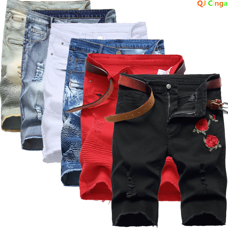 Shorts Denim Frayed - 2026 Summer Men's Red Rose Embroidered