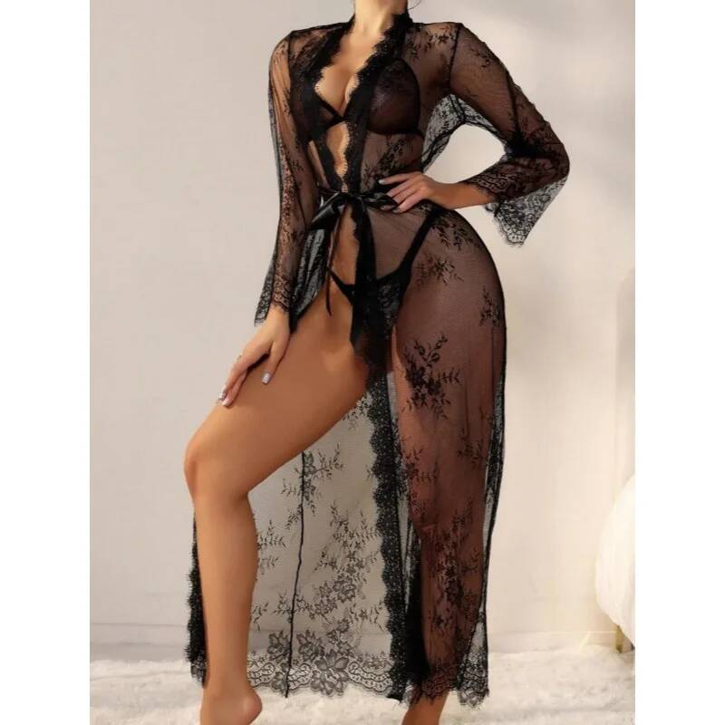 Black Lace Sheer Long Robe For - Kimono Sheer Floral recension och pris