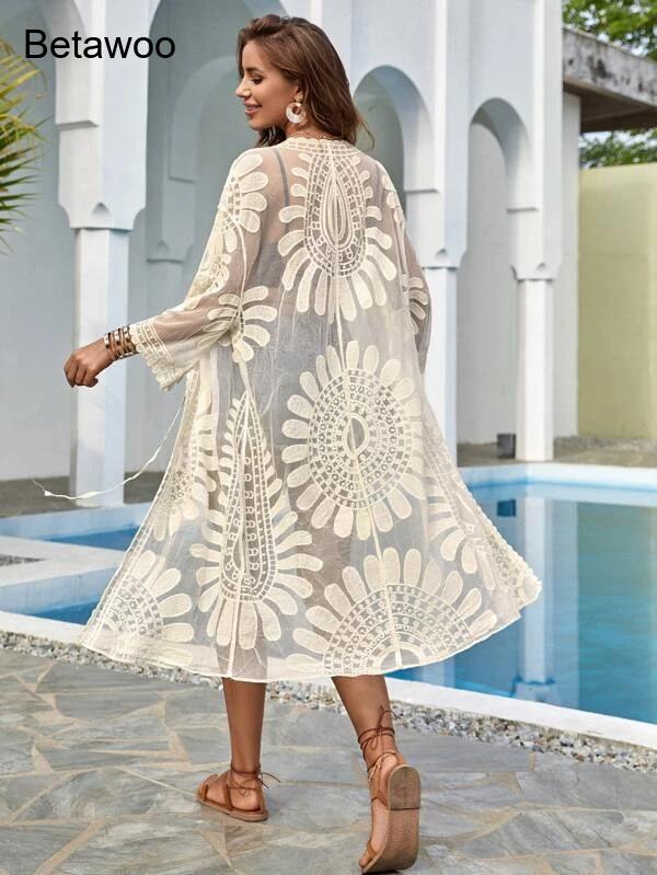 Women White Boho Floral Hollow - Kimono Sheer Floral recension och pris
