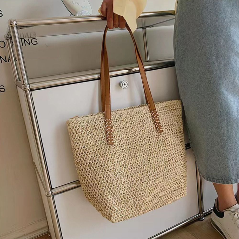 Fashion Solid Color Weave Stra - Tote Bag Beach recension och pris