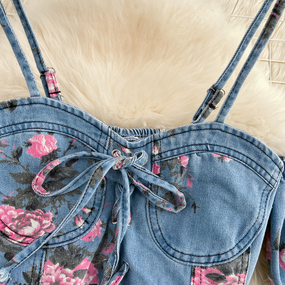 Fashion Floral Print Denim Ski - Romper Floral Print recension och pris