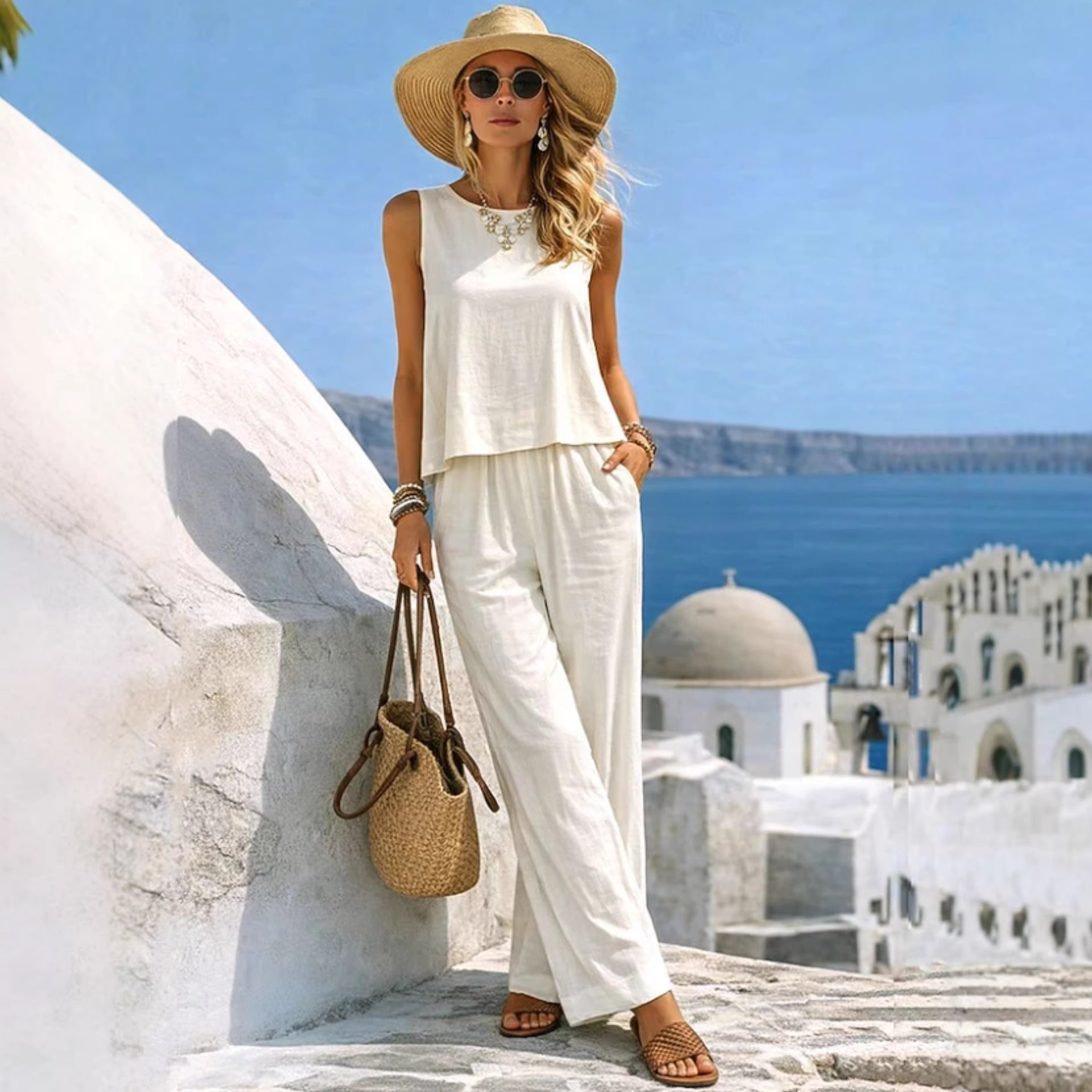  Women's Vacation 2 Piece Outf - Linen Pant Wide recension och pris