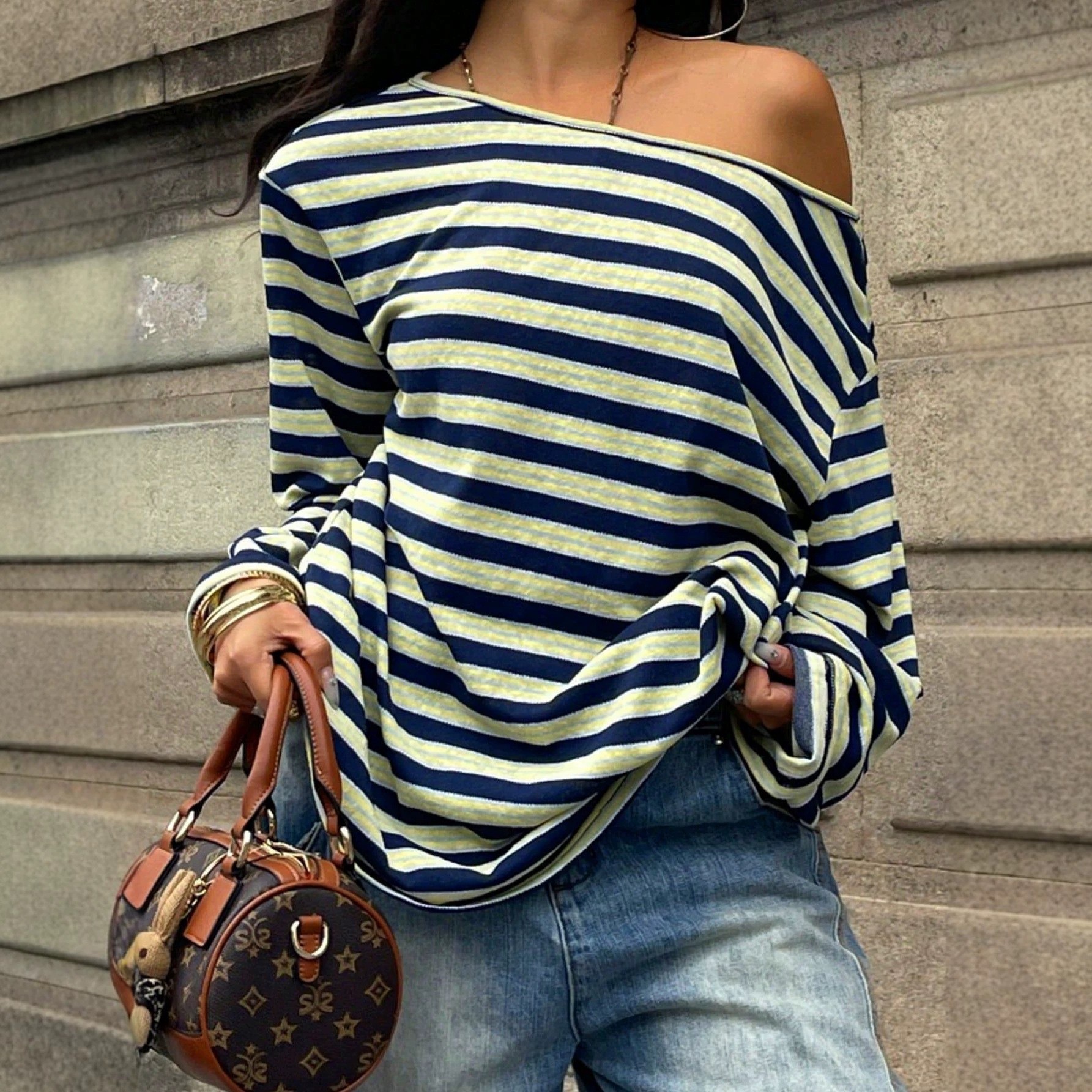 Women's Oversized Striped Blue - Blouse Off Shoulder recension och pris