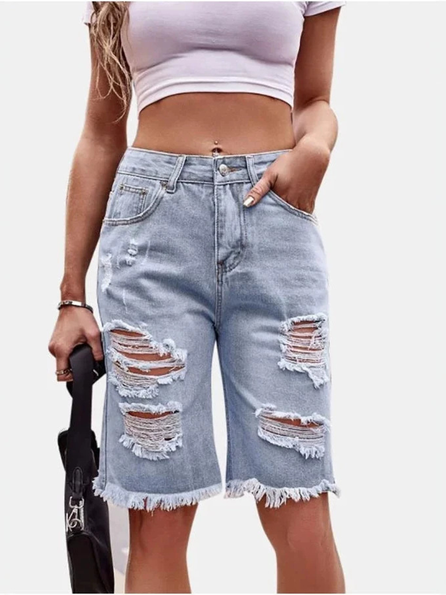 Women's High Waist Ripped Cott - Shorts Denim Frayed recension och pris