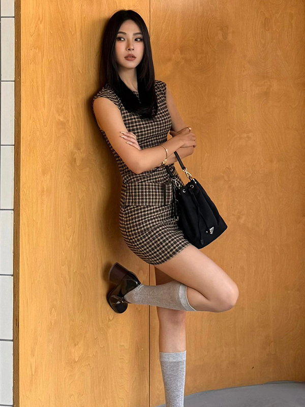 Retro Korean Plaid Slimming Ve - Linen Dress Wrap recension och pris