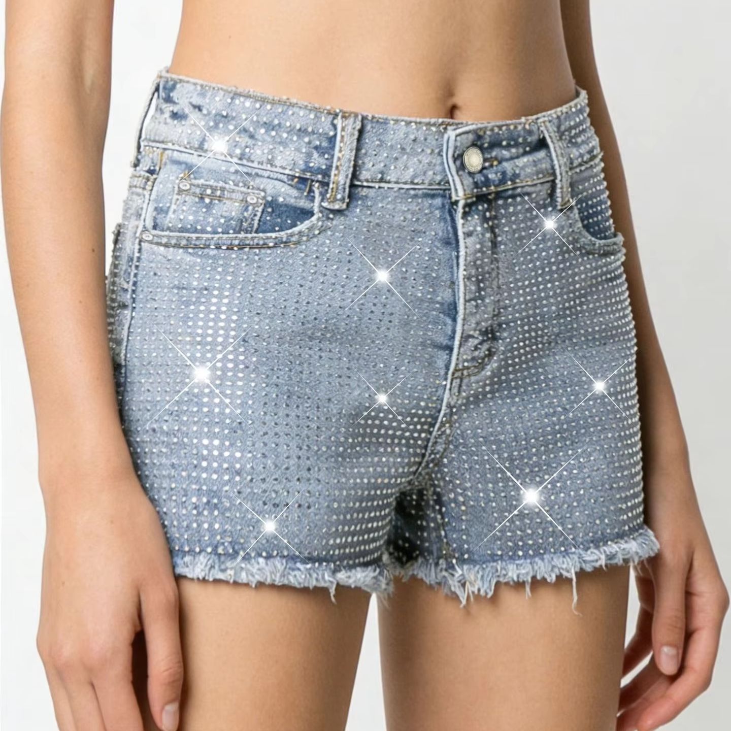 2026 New Full-Bejeweled Elasti - Shorts Denim Frayed recension och pris